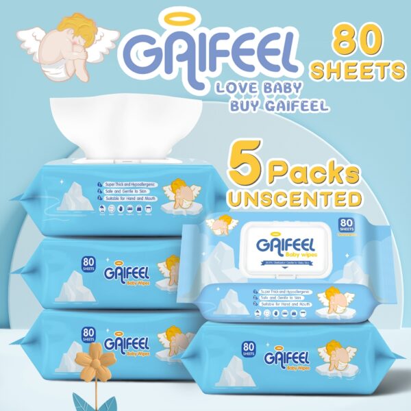 GAIFEEL  ผ้าเช็ดทำความสะอาดสำหรับเด็ก 80 ชิ้น*5 แพ็ค ผ้าเช็ดทำความสะอาดเด็ก สีฟ้า ไร้กลิ่น