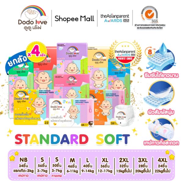 ยกลัง 4แพ็ค DODOLOVE Standard Soft ผ้าอ้อมเด็ก กางเกงผ้าอ้อม ผ้าอ้อม Size NB-4XL นุ่ม บางเบา ใส่สบาย